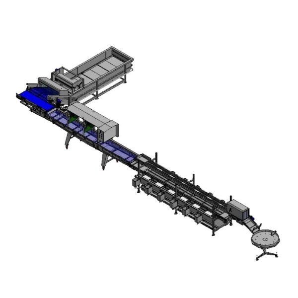 Washing, dosing, and drying tank with sorting table and accumulation for fruits and vegetables